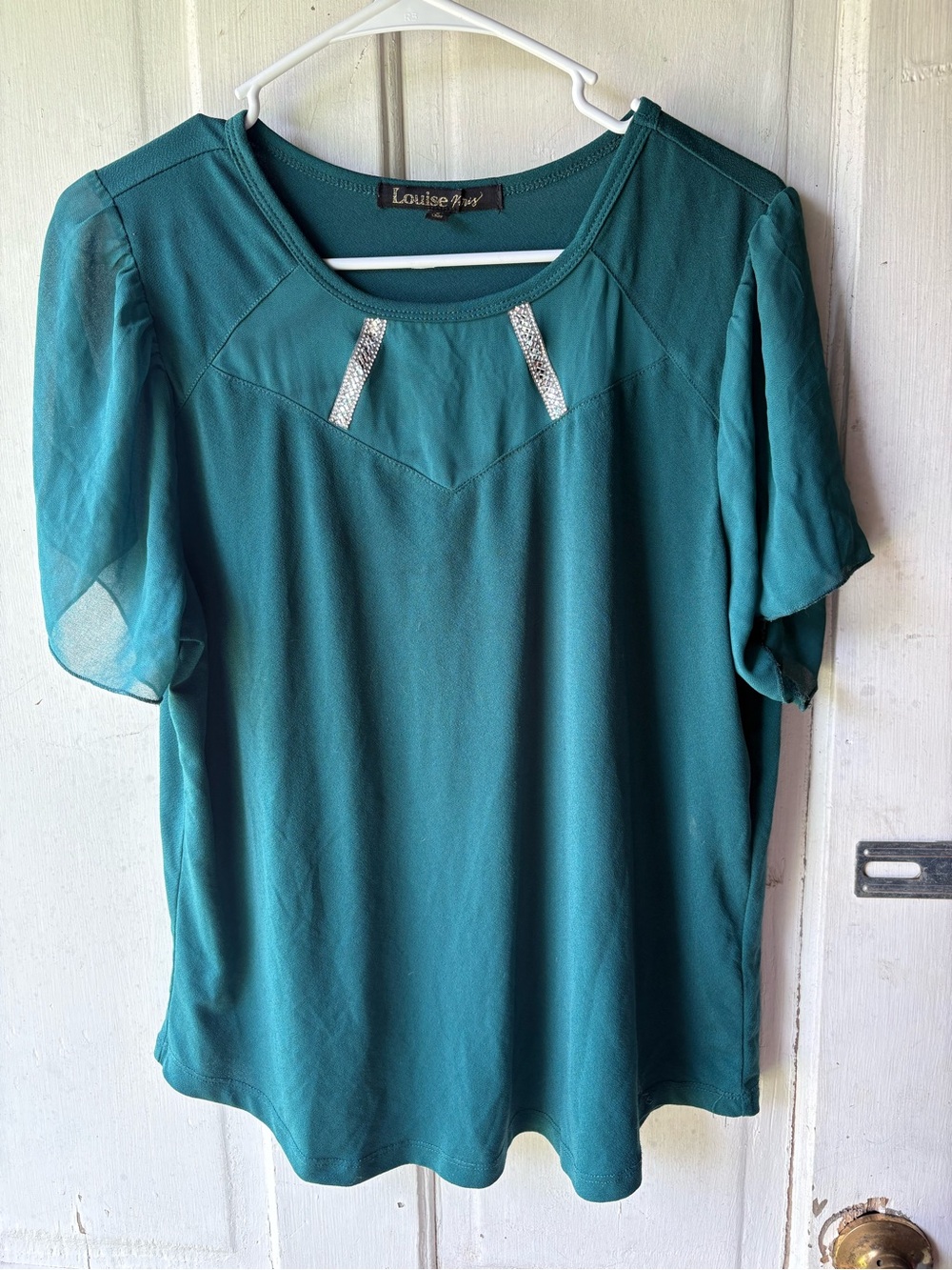 Louise et Cie Teal Short Sleeve Blouse with Rhinestone Accents
